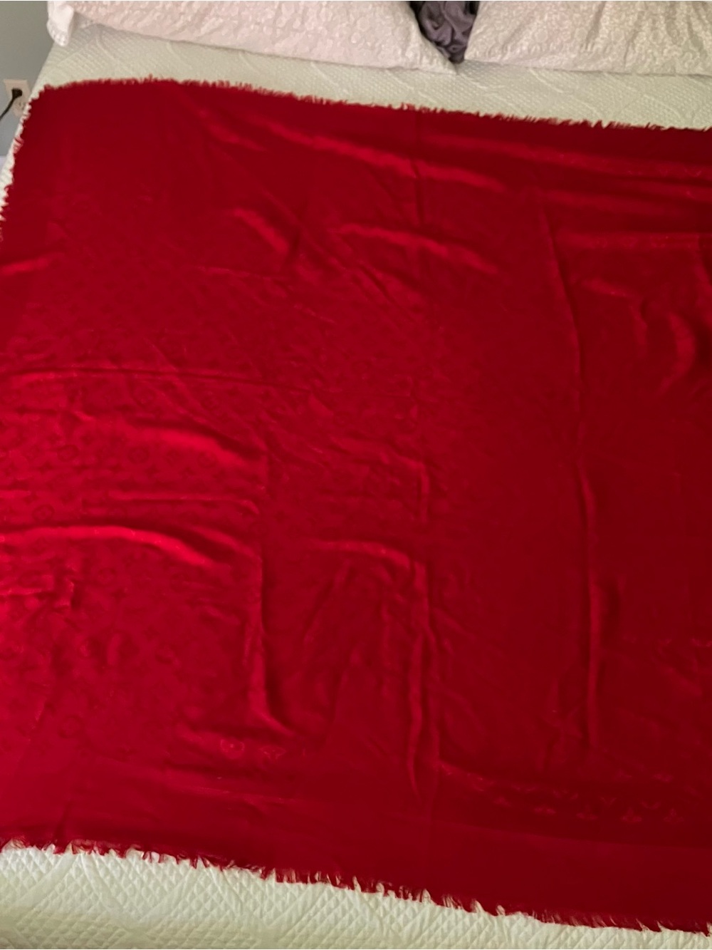 Louis Vuitton 55” monogram shawl with fringe in red XL silk wool scarf